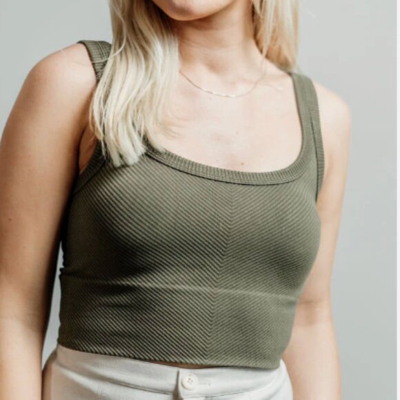 12th Tribe Sage Green Chevron Stretchy Crop Top OSFM $48 - Picture 1 of 5